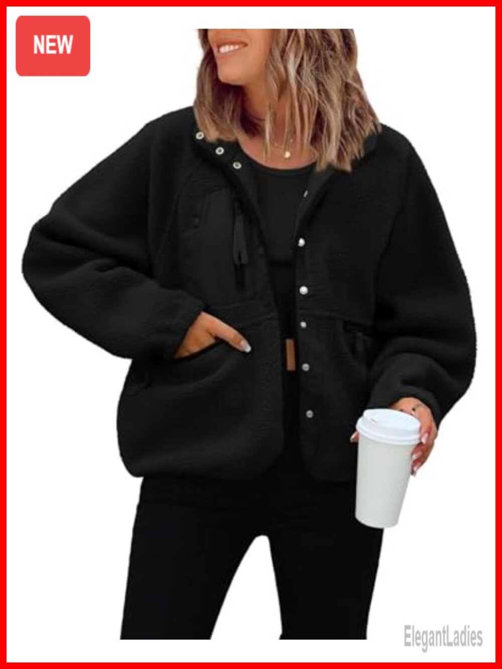 Womens Cropped Fuzzy Fleece Button Down Jacket Oversized Zip Pockets